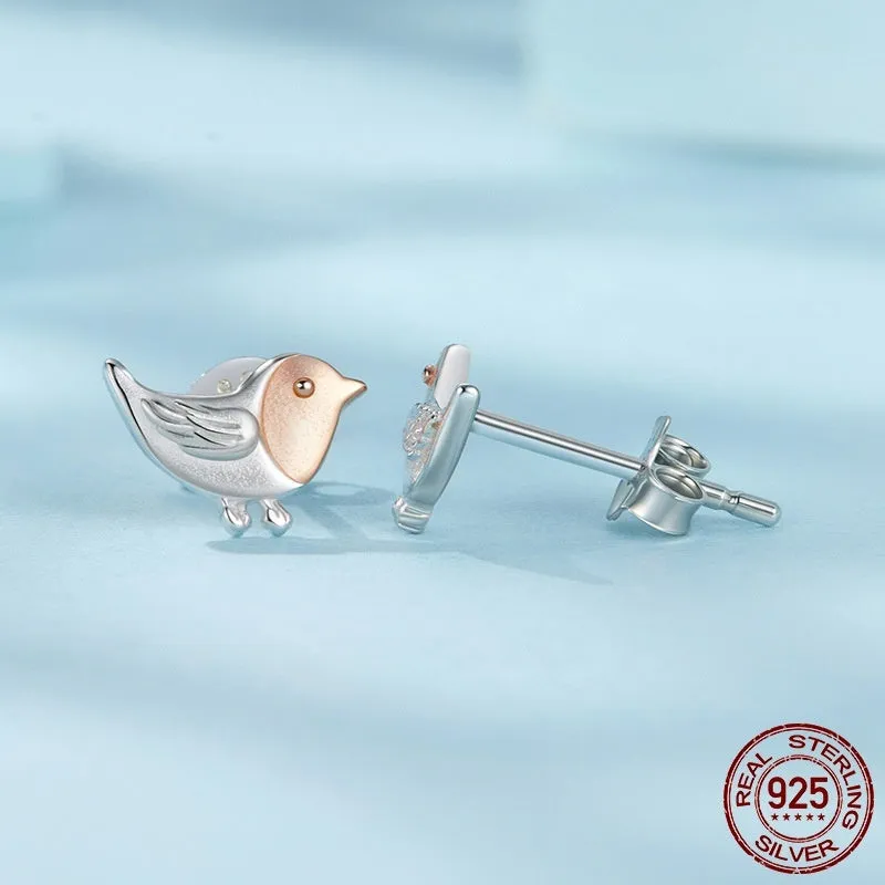 S925 sterling silver bird ear studs electroplated finish three-dimensional design side view