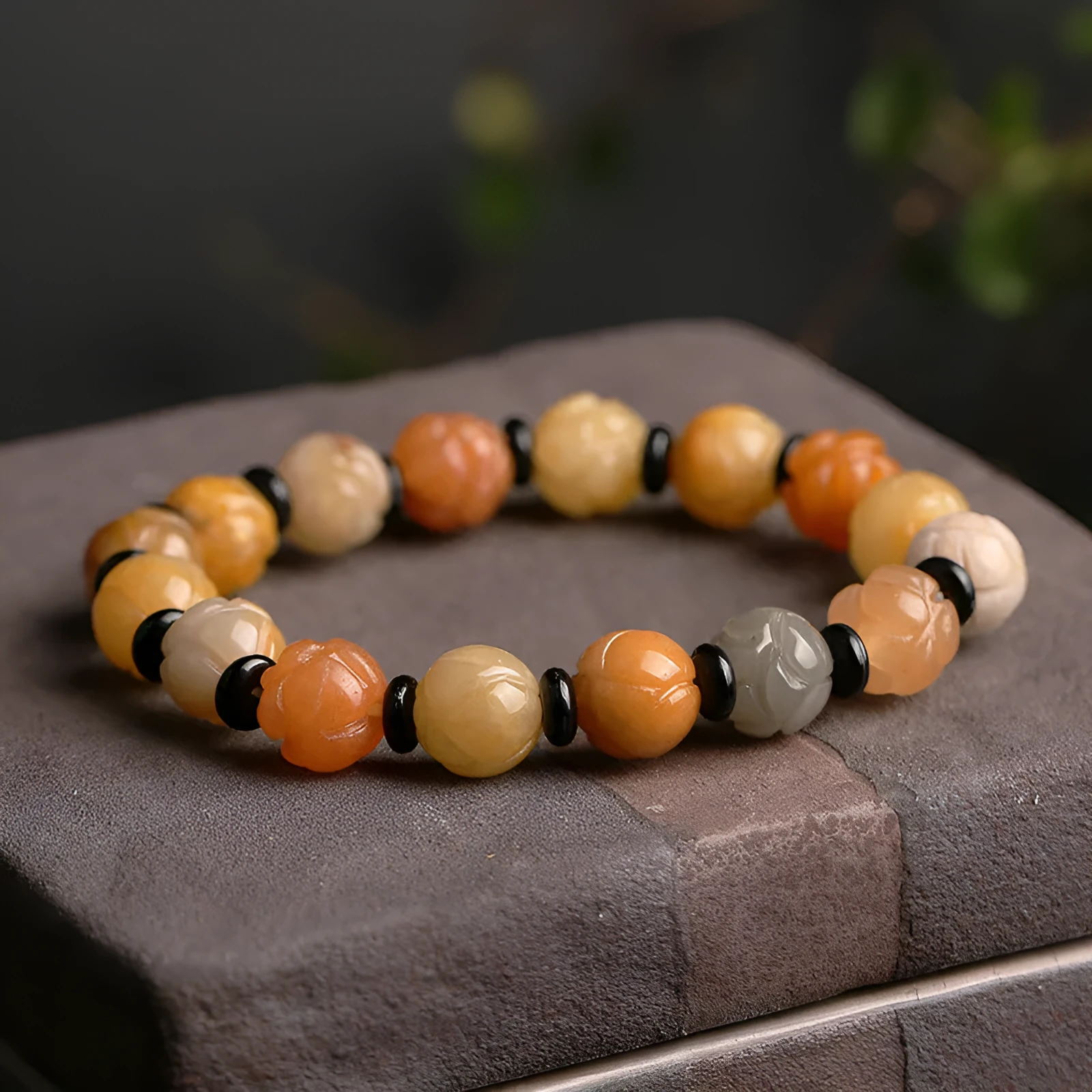 Hetian natural Jinsi jade pumpkin beads bracelet with lotus beads in 10mm size on white background
