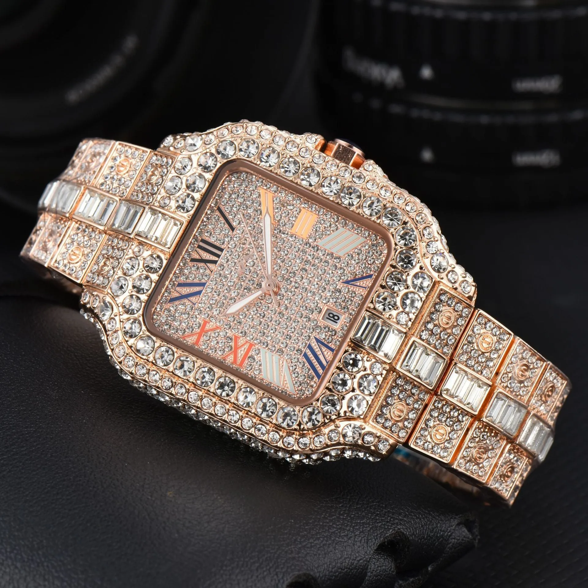 Men's square full diamond sport watch with 10mm thickness and multiple colour options