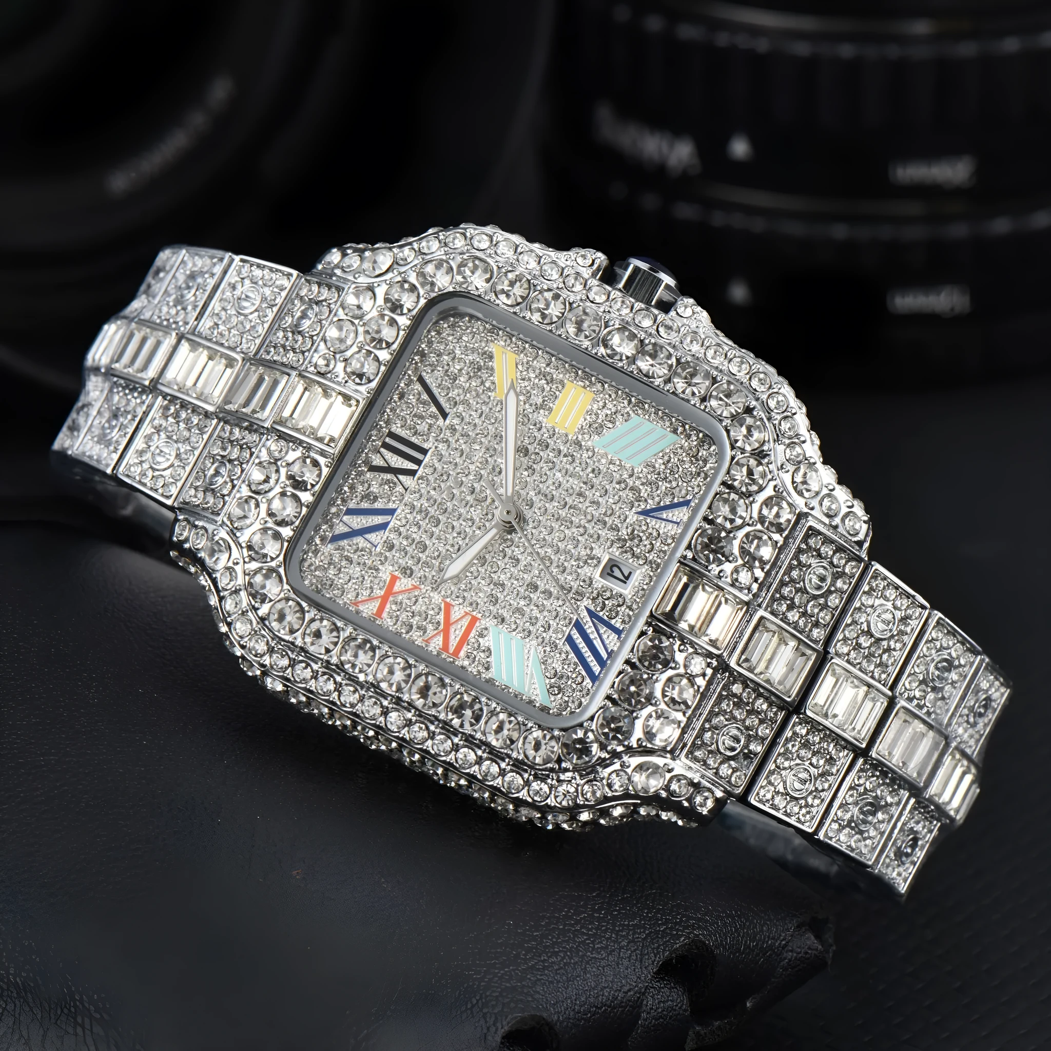 Men's square full diamond sport watch with 10mm thickness and multiple colour options