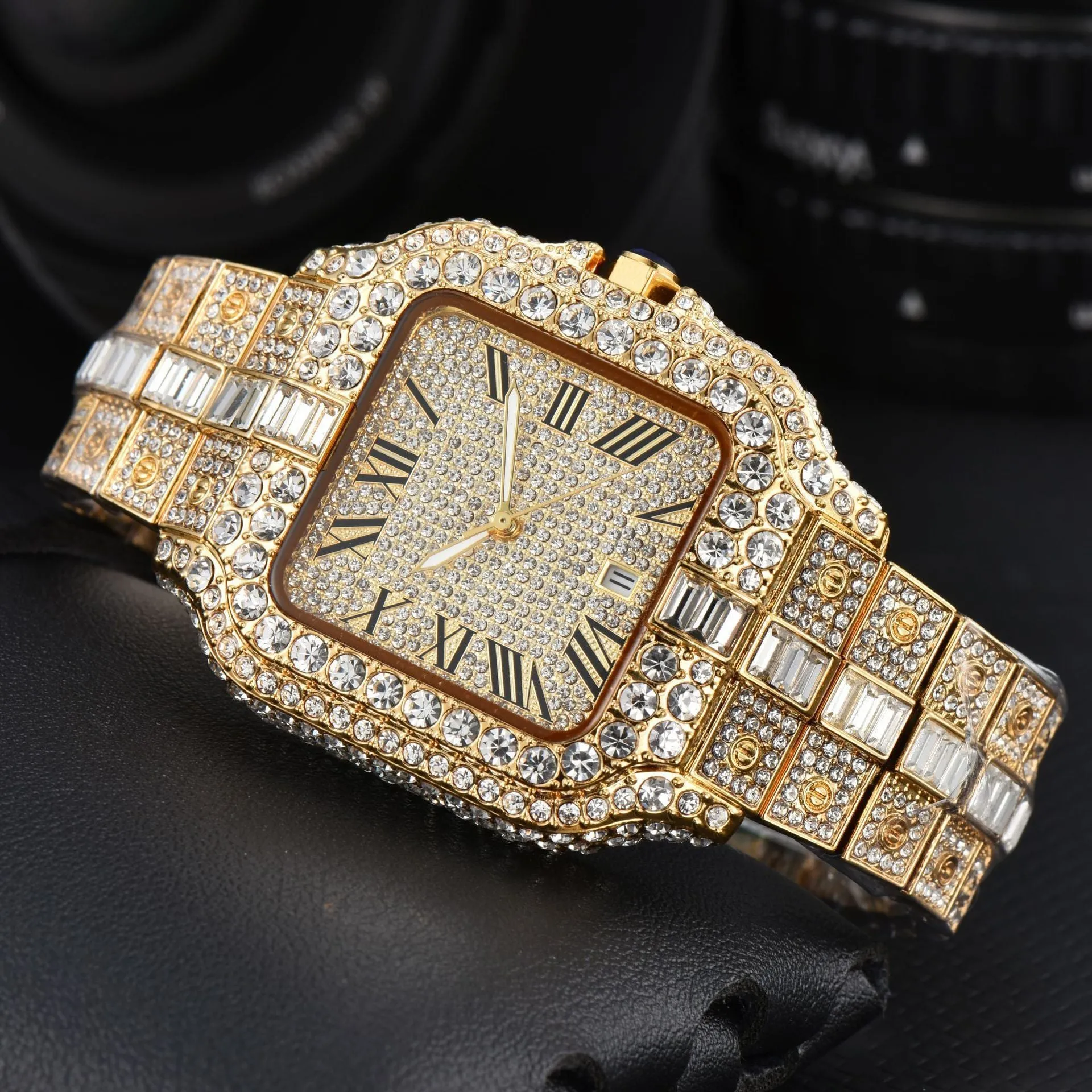 Men's square full diamond sport watch with 10mm thickness and multiple colour options