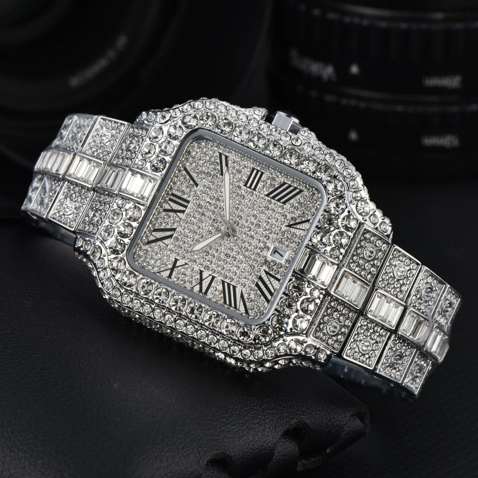 Men's square full diamond sport watch with 10mm thickness and multiple colour options