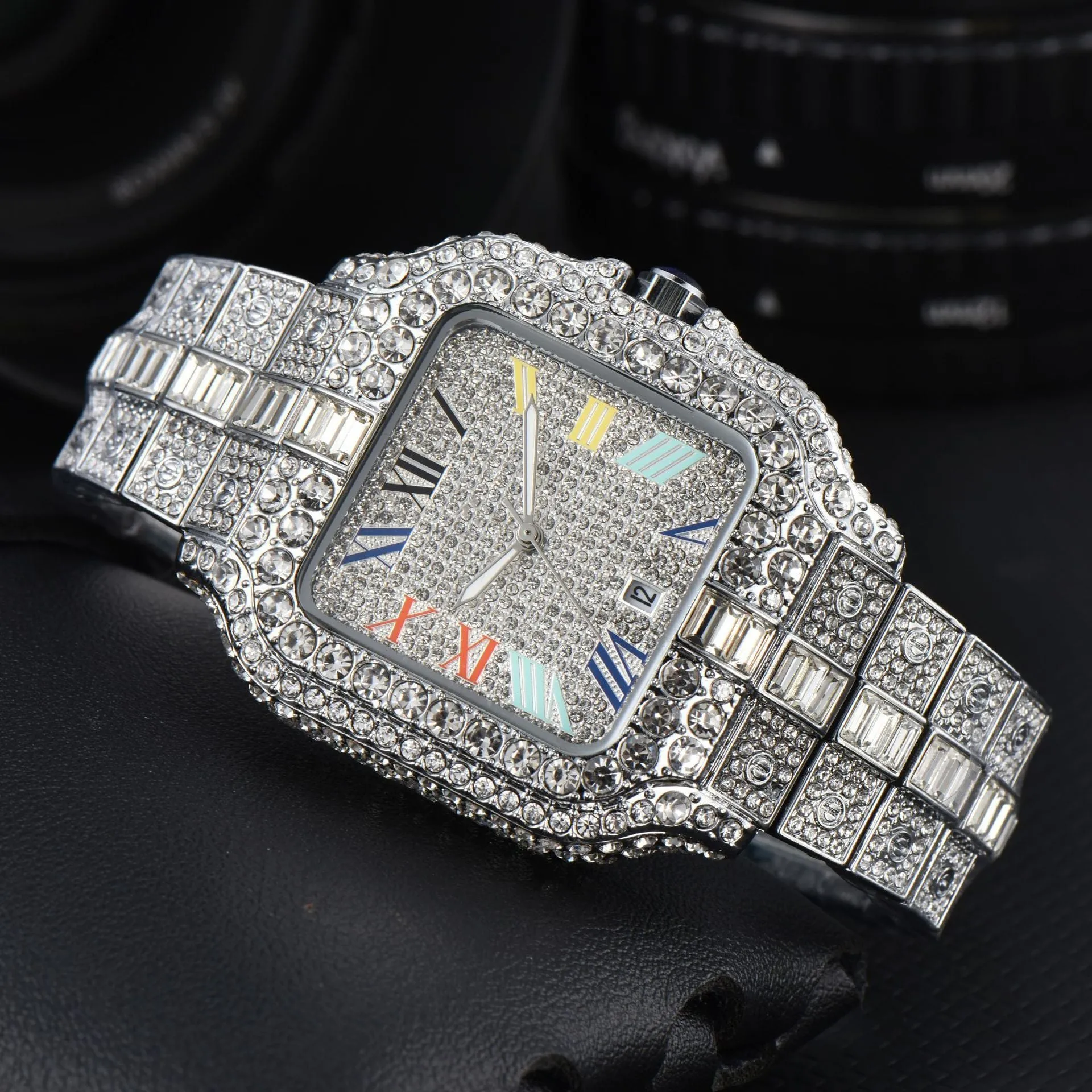 Men's square full diamond sport watch with 10mm thickness and multiple colour options
