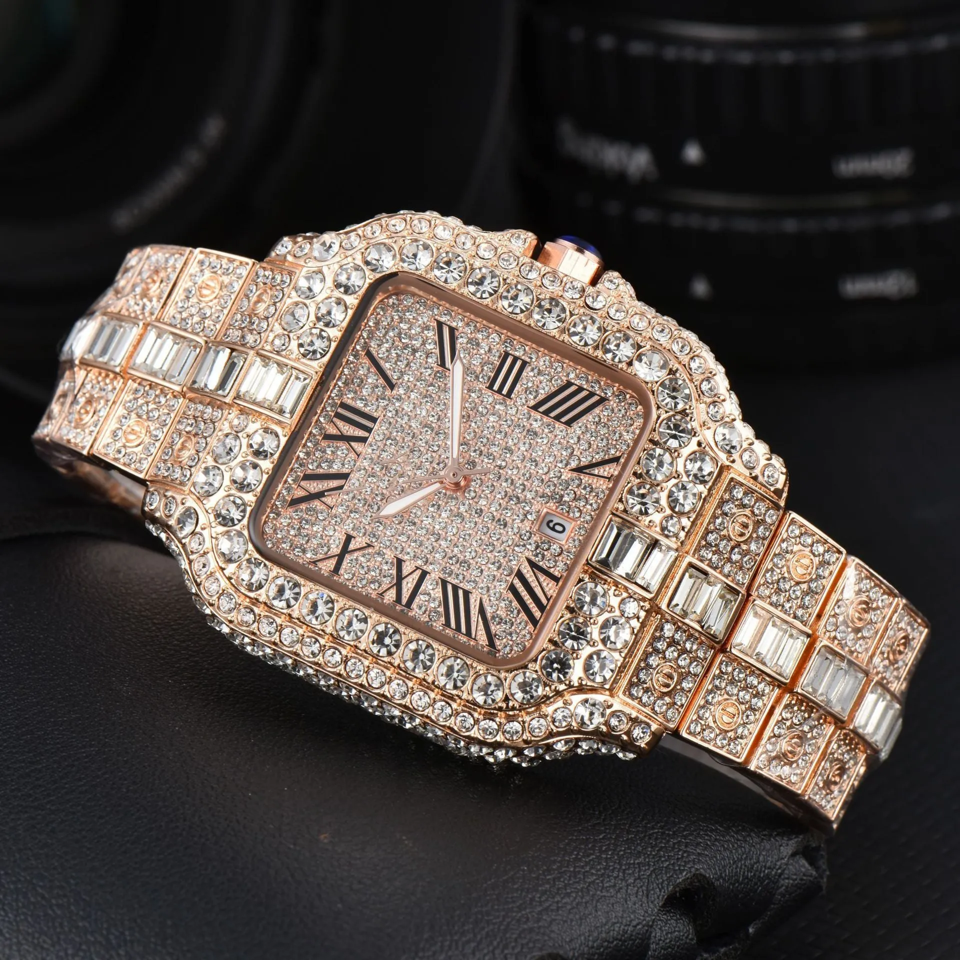 Men's square full diamond sport watch with 10mm thickness and multiple colour options