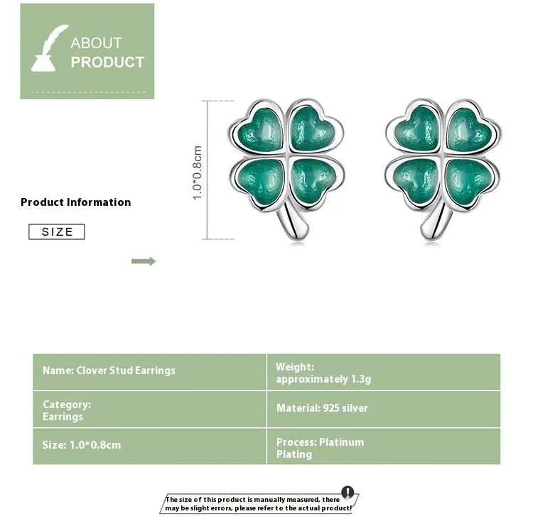 White gold plated textured green dripping lucky stud earrings with four-leaf clover design on 925 silver