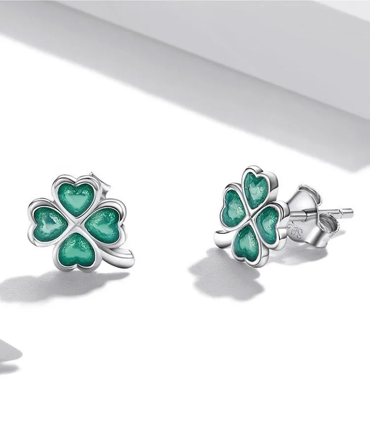 White gold plated textured green dripping lucky stud earrings with four-leaf clover design on 925 silver