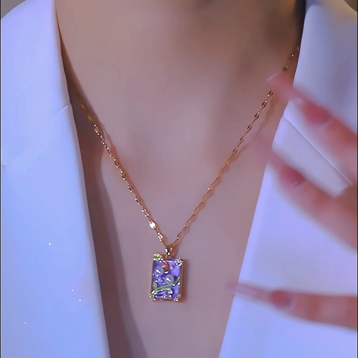 Pink vintage oil painting flower pendant necklace on titanium steel chain with copper pendant and electroplating finish