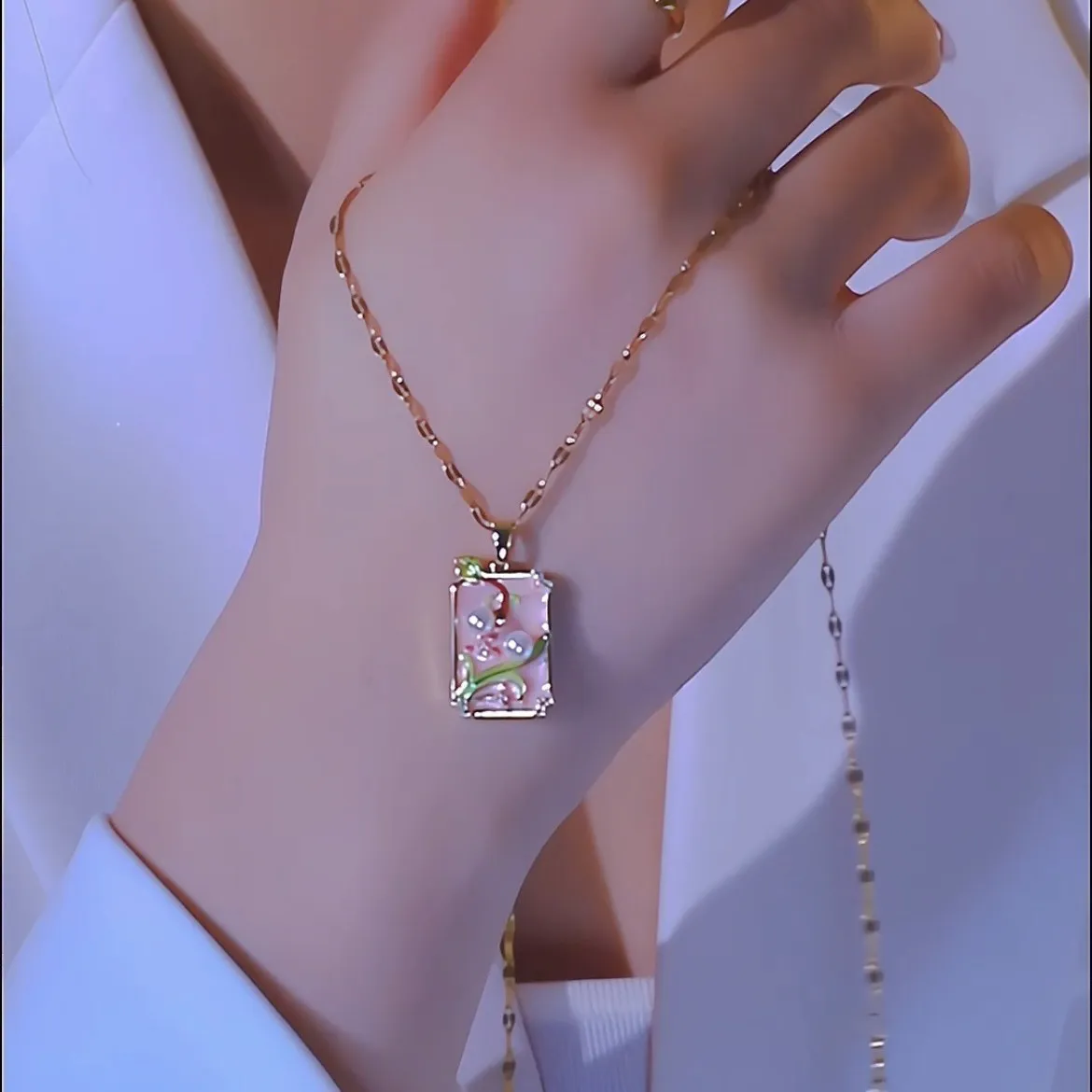 Pink vintage oil painting flower pendant necklace on titanium steel chain with copper pendant and electroplating finish