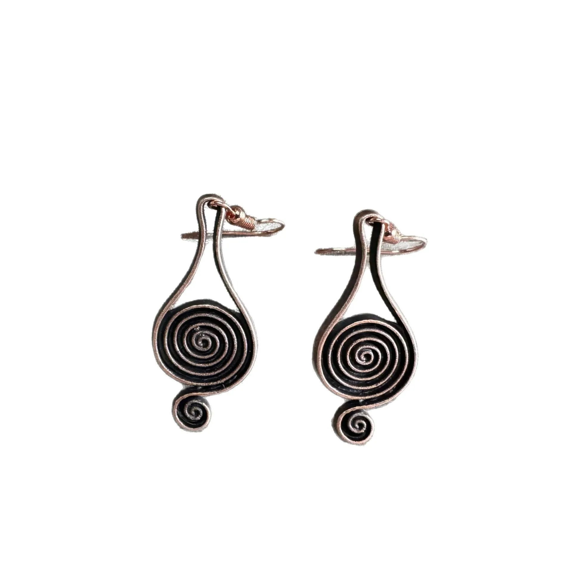 Bronze spiral psychedelic drop earrings with geometric shape and alloy construction