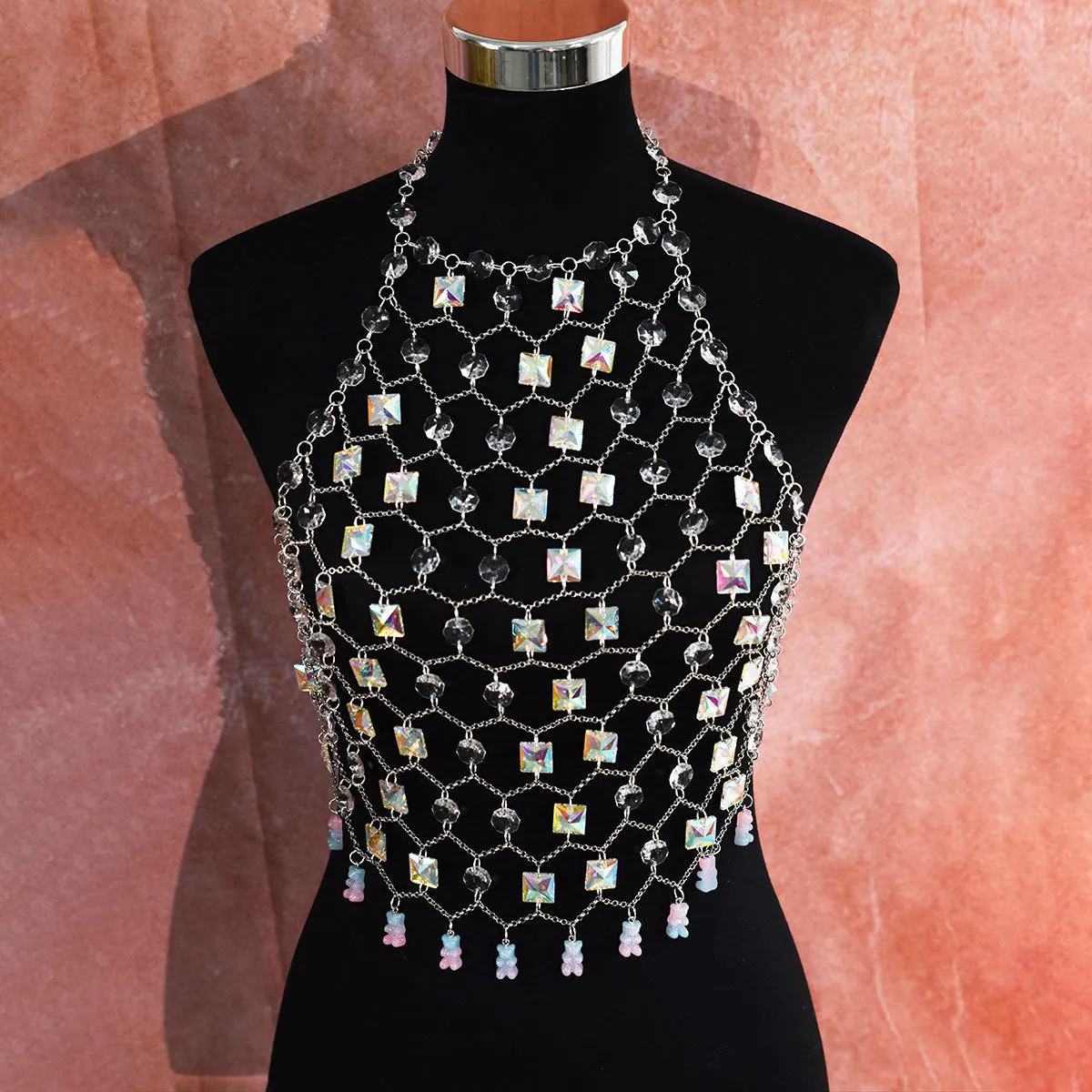 Transparent acrylic crystal body chain with hand-woven plastic and resin sequins in round shapes