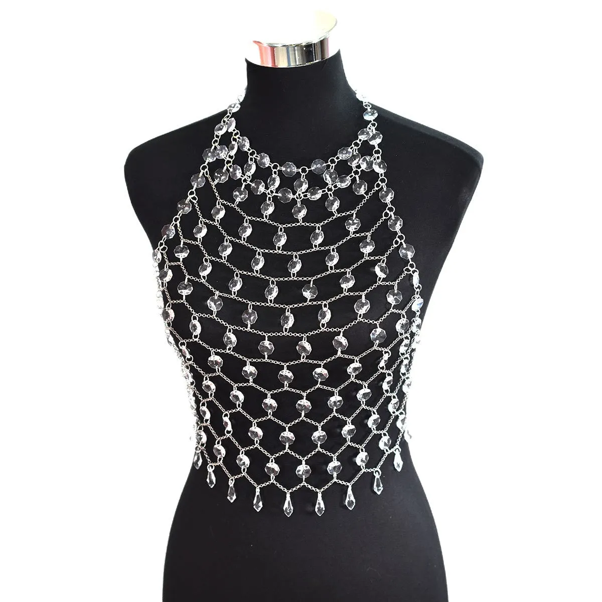 Transparent acrylic crystal body chain with hand-woven plastic and resin sequins in round shapes