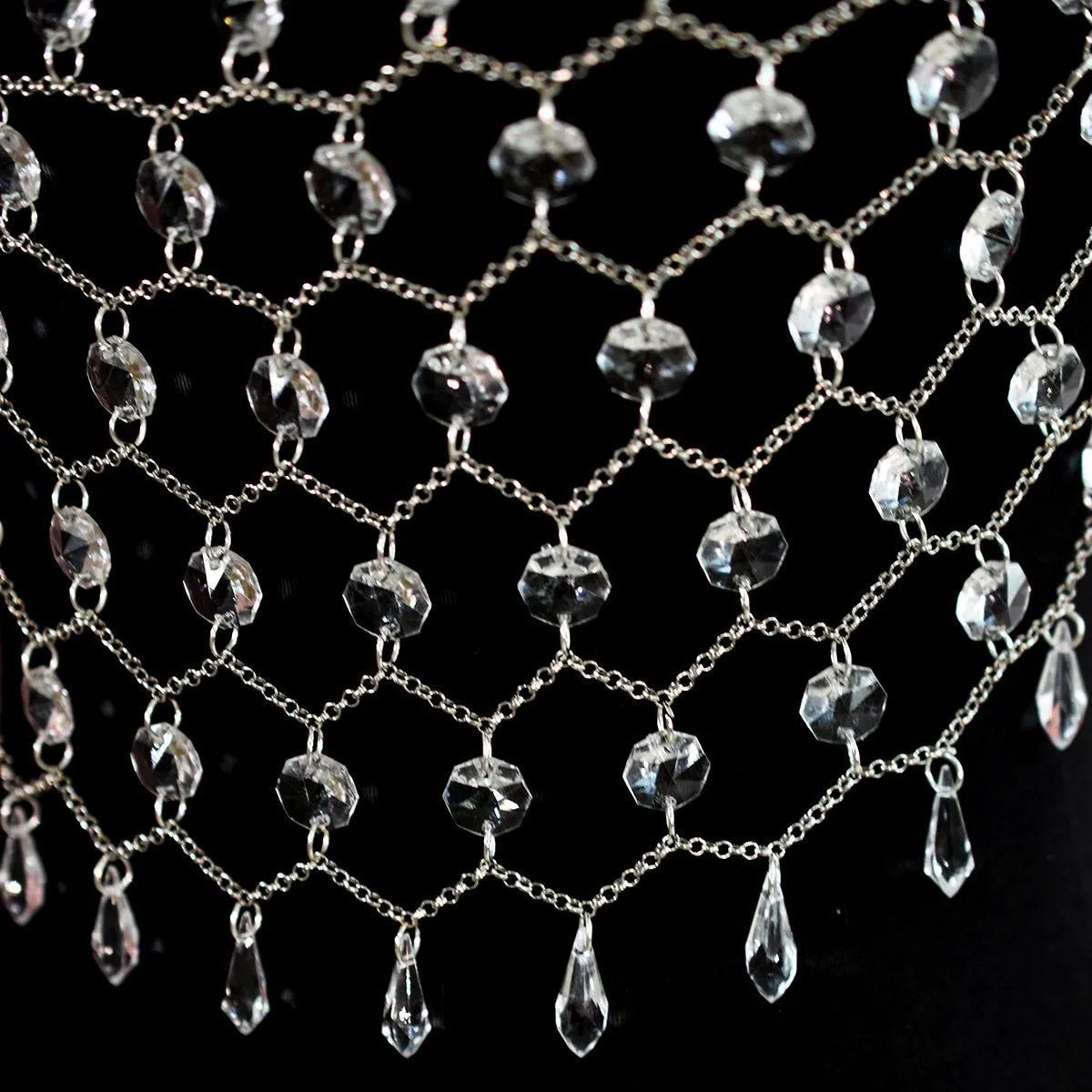 Transparent acrylic crystal body chain with hand-woven plastic and resin sequins in round shapes