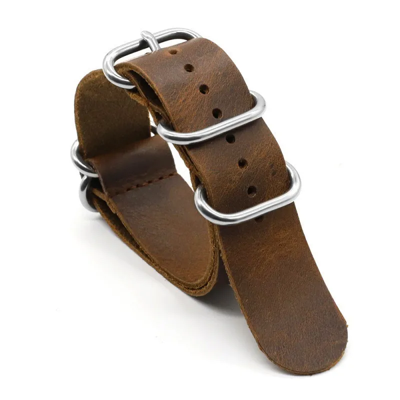 Five-ring cowhide burst crack Crazy Horse oil watch strap in black brown green 18mm 20mm 22mm width