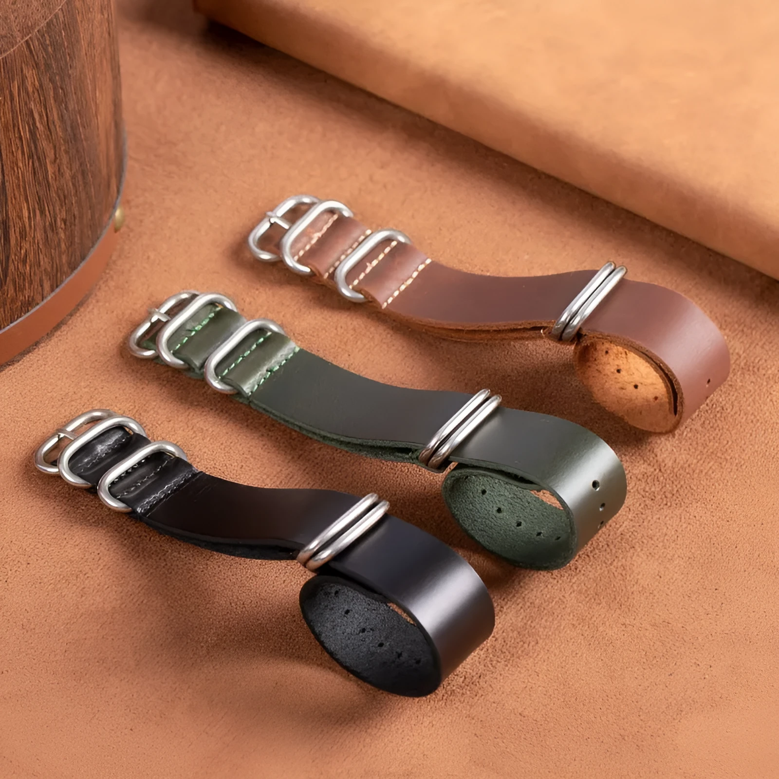 Five-ring cowhide burst crack Crazy Horse oil watch strap in black brown green 18mm 20mm 22mm width