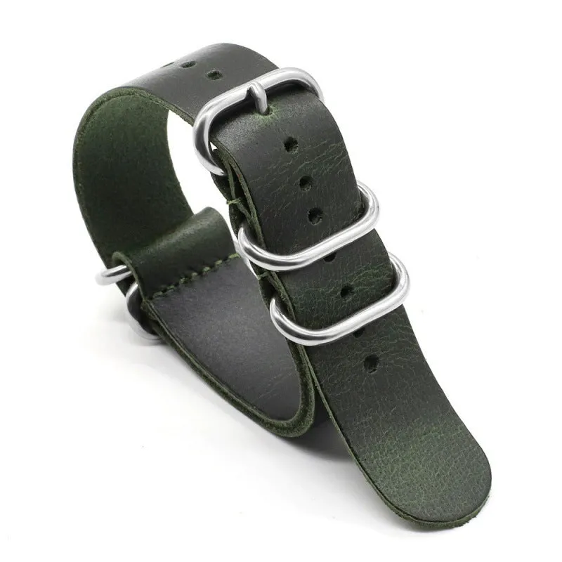 Five-ring cowhide burst crack Crazy Horse oil watch strap in black brown green 18mm 20mm 22mm width