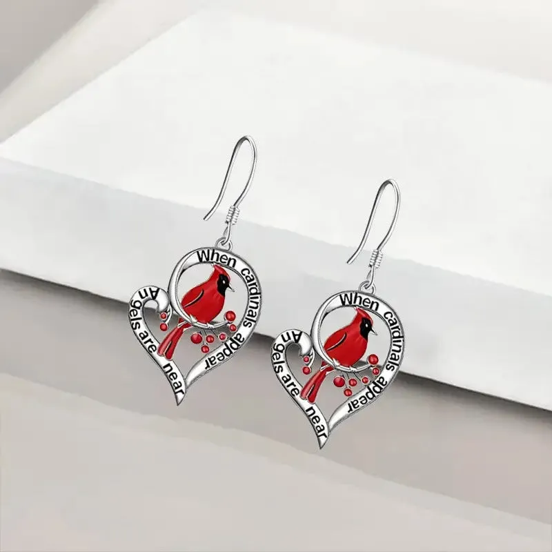 Silver alloy earrings with red love bird and water droplet design