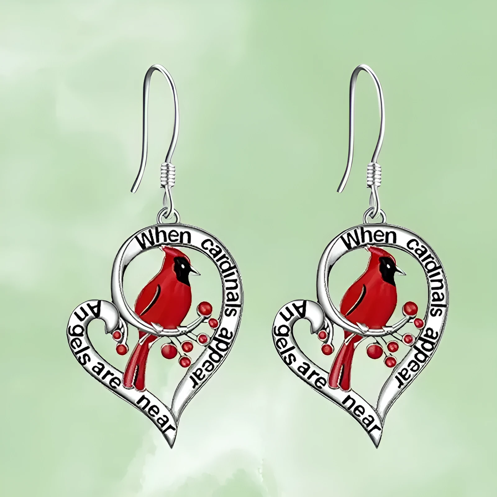 Silver alloy earrings with red love bird and water droplet design
