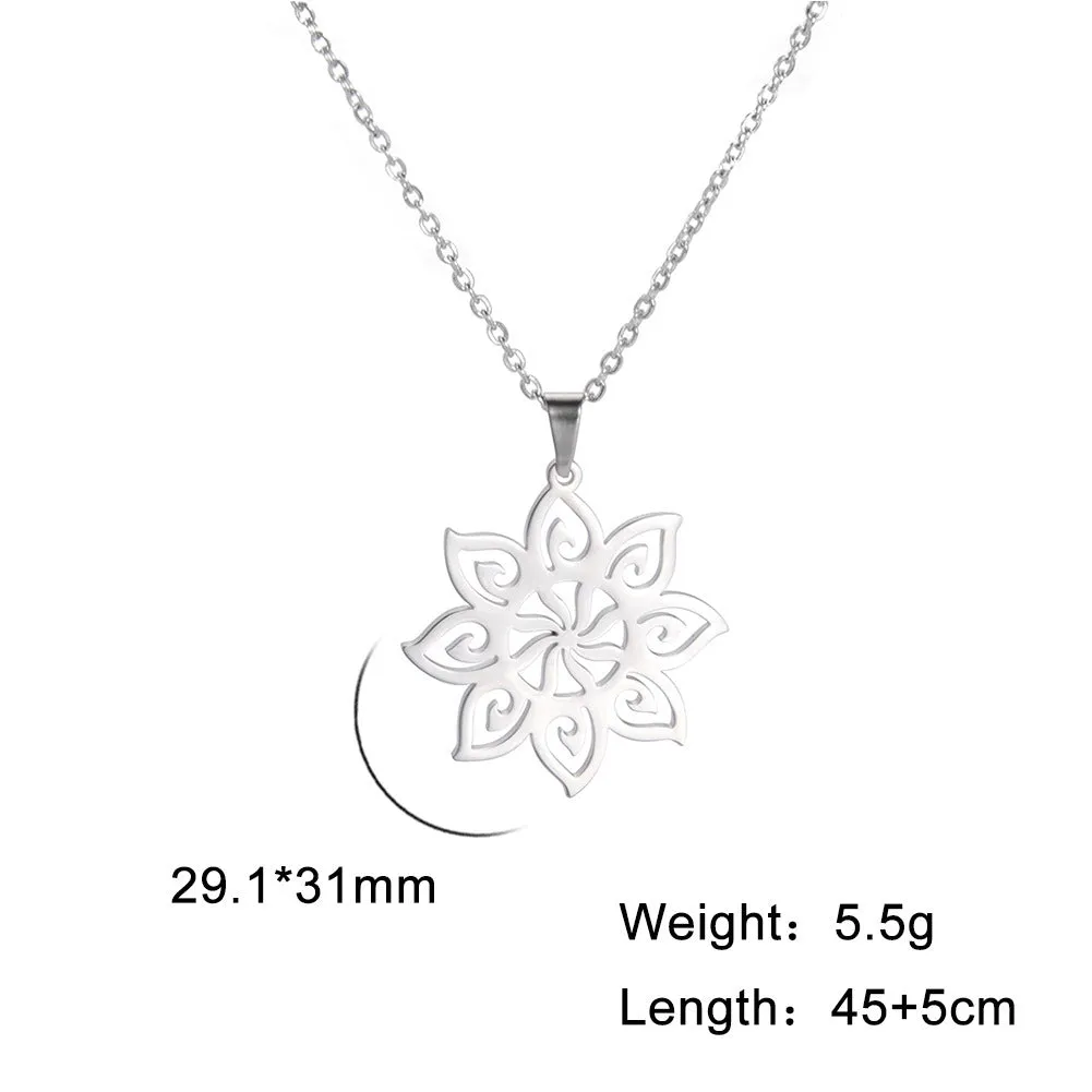 Stainless steel eight-petal flower necklace and earring set with titanium steel pendant on O-ring chain, steel colour electroplated finish.