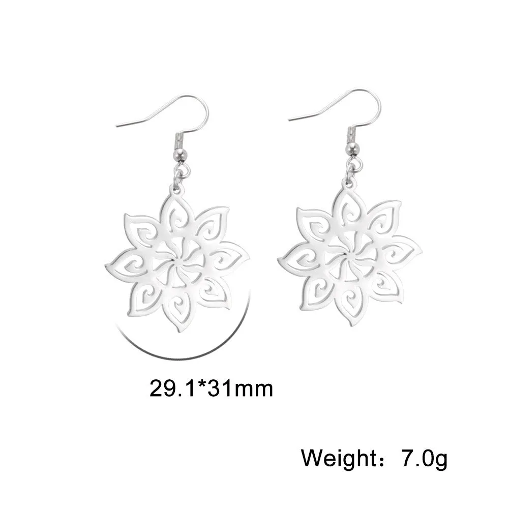 Stainless steel eight-petal flower necklace and earring set with titanium steel pendant on O-ring chain, steel colour electroplated finish.