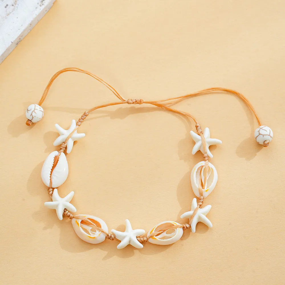 Hand-woven starfish shell bracelet in beige cord, unisex DIY style