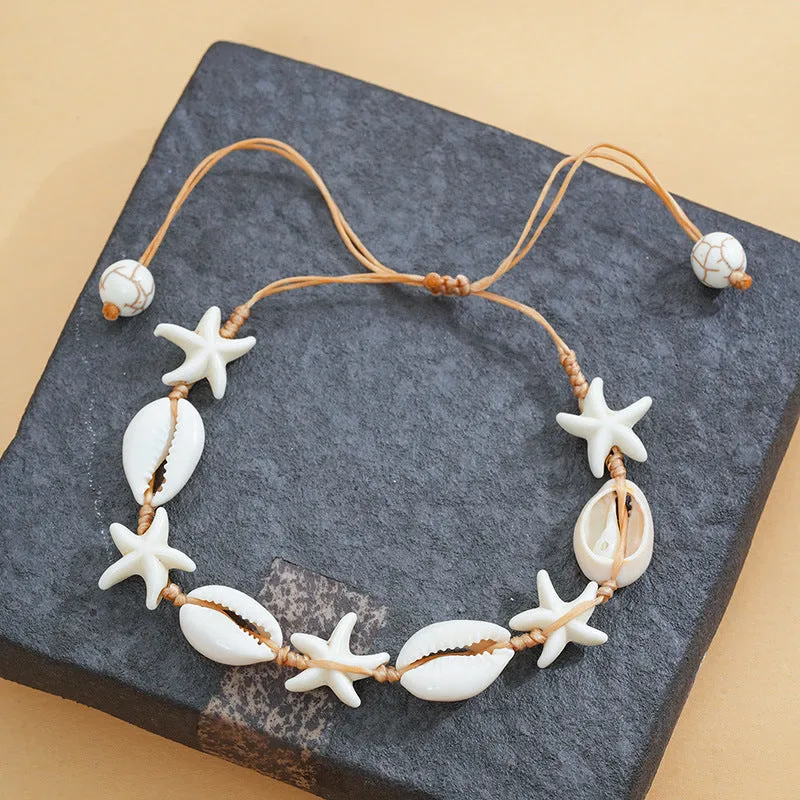 Hand-woven starfish shell bracelet in beige cord, unisex DIY style
