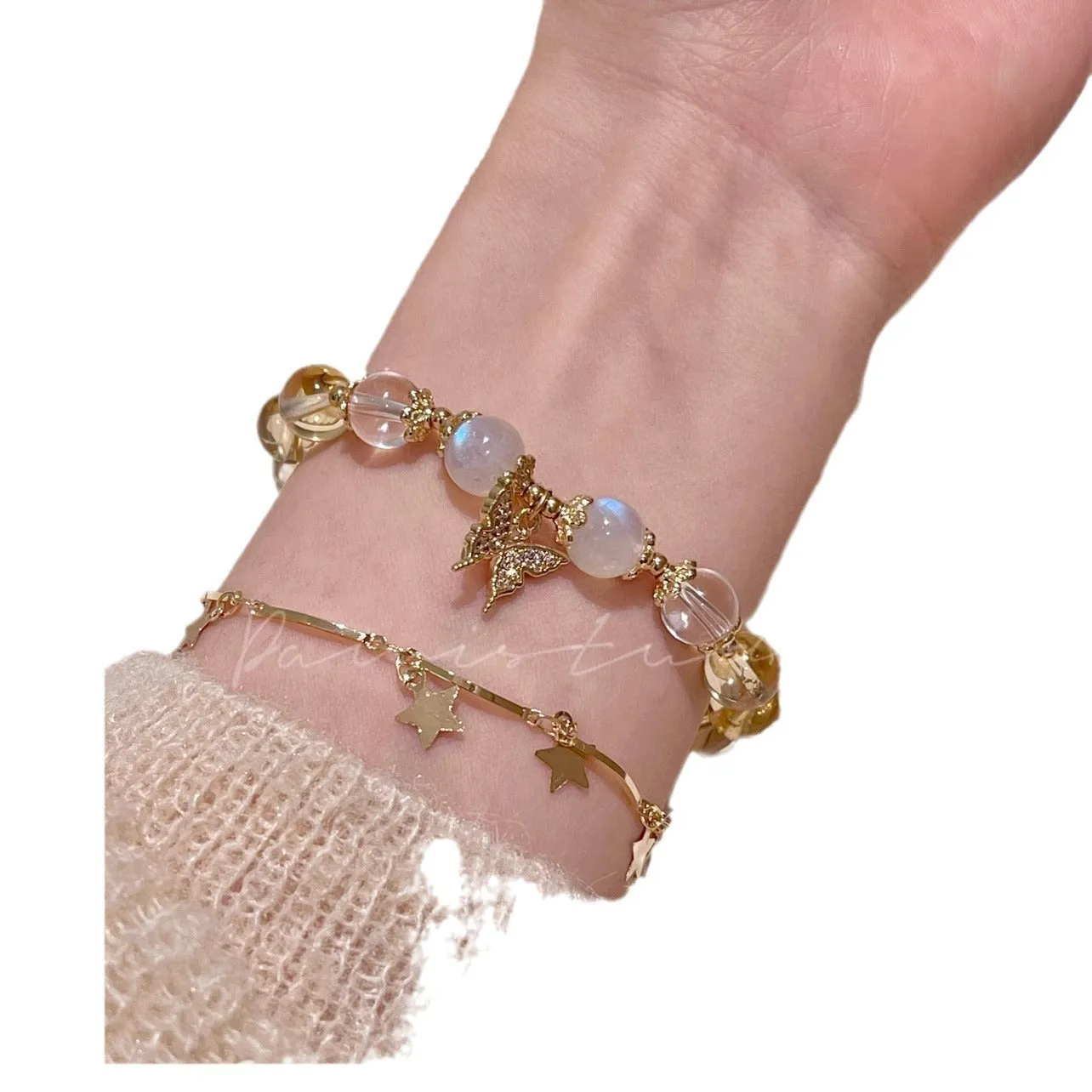 Women's Moonstone White crystal bracelet with diamond-shaped beads and a butterfly charm in Chinese style.