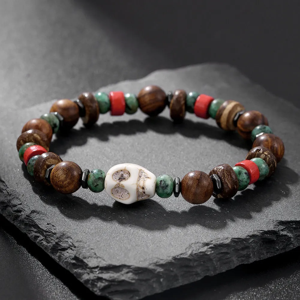 Hand-woven unisex wood bracelet with turquoise accents and totem pattern