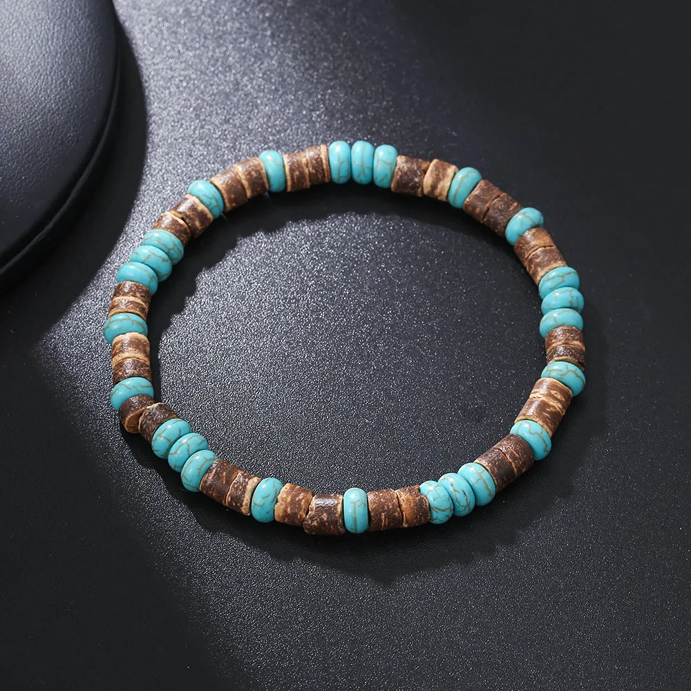 Hand-woven unisex wood bracelet with turquoise accents and totem pattern
