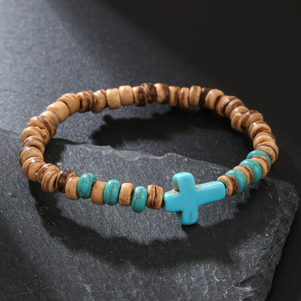 Hand-woven unisex wood bracelet with turquoise accents and totem pattern