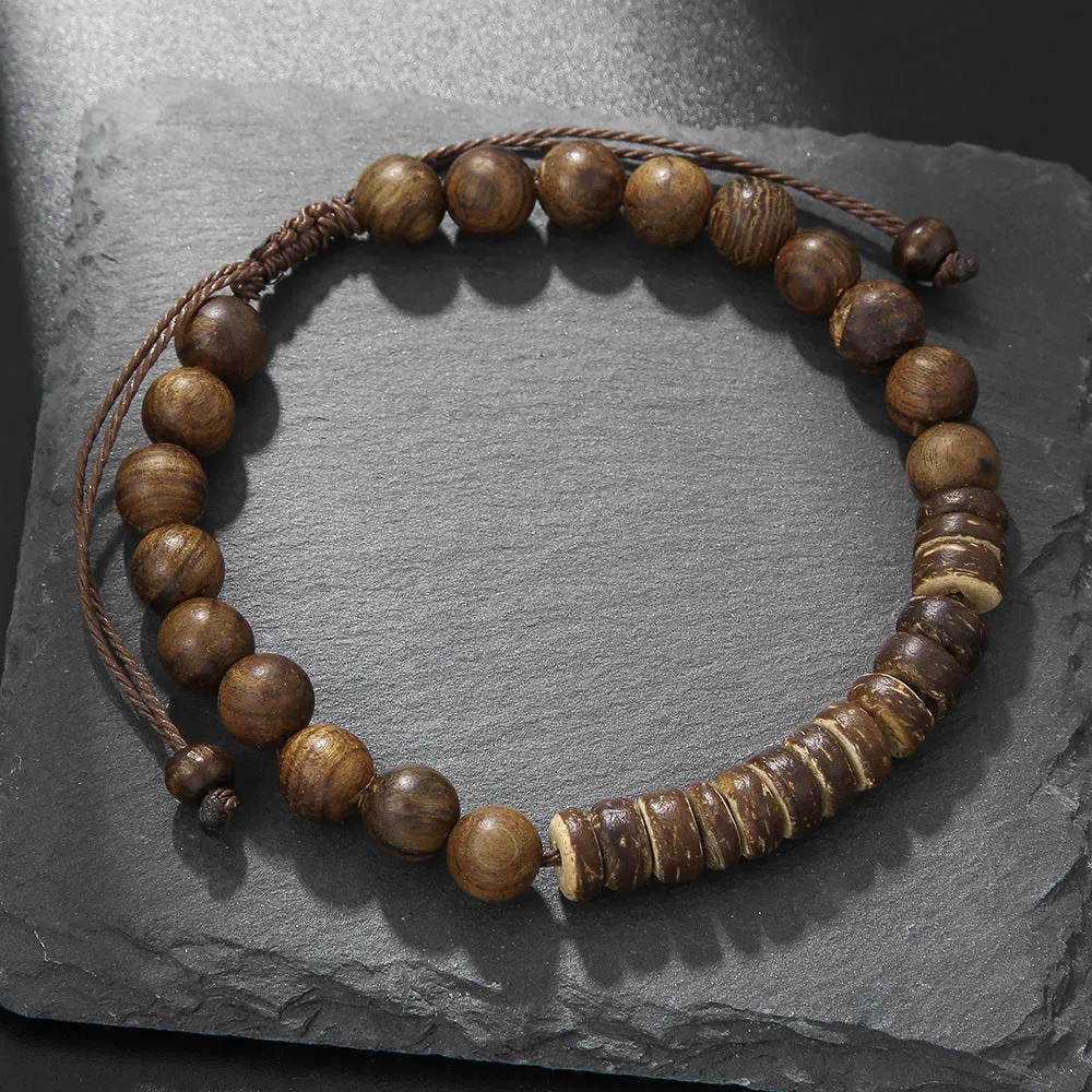 Hand-woven unisex wood bracelet with turquoise accents and totem pattern
