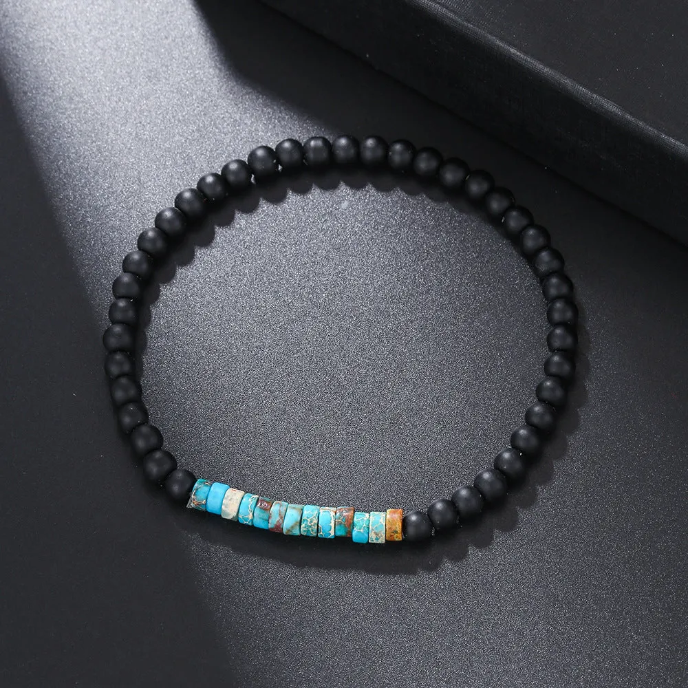 Hand-woven unisex wood bracelet with turquoise accents and totem pattern
