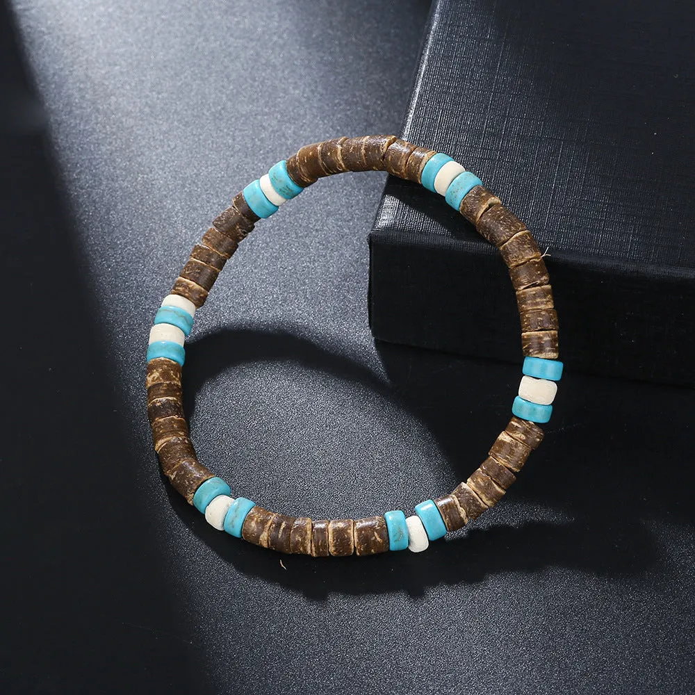 Hand-woven unisex wood bracelet with turquoise accents and totem pattern