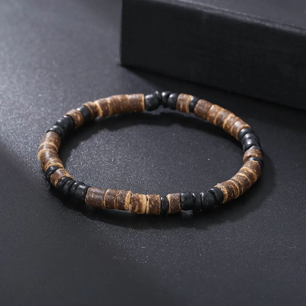 Hand-woven unisex wood bracelet with turquoise accents and totem pattern
