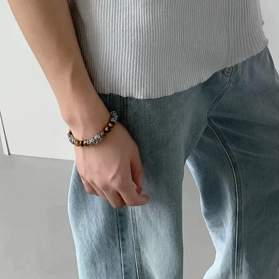 Men's beaded titanium steel bracelet with tigereye chain, geometric shape, unisex design for fashion wear
