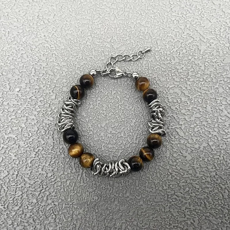 Men's beaded titanium steel bracelet with tigereye chain, geometric shape, unisex design for fashion wear