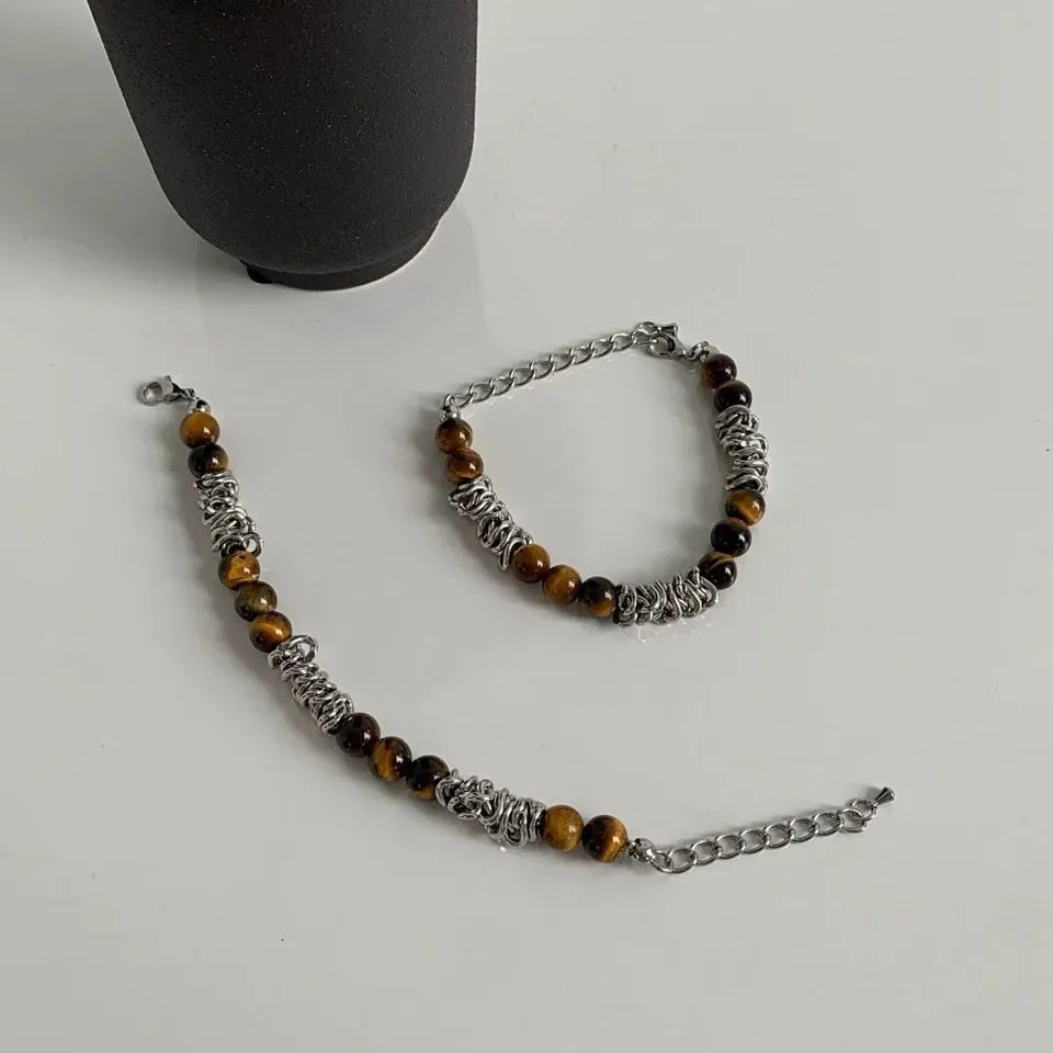 Men's beaded titanium steel bracelet with tigereye chain, geometric shape, unisex design for fashion wear