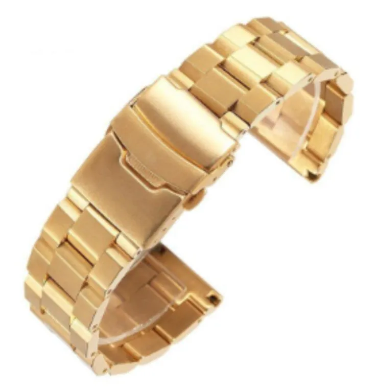 Solid stainless steel watch strap with double-security buckle and quick release pins in silver finish on black background