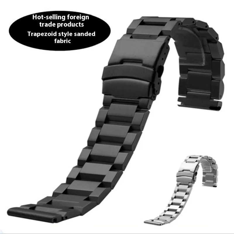 Solid stainless steel watch strap with double-security buckle and quick release pins in silver finish on black background