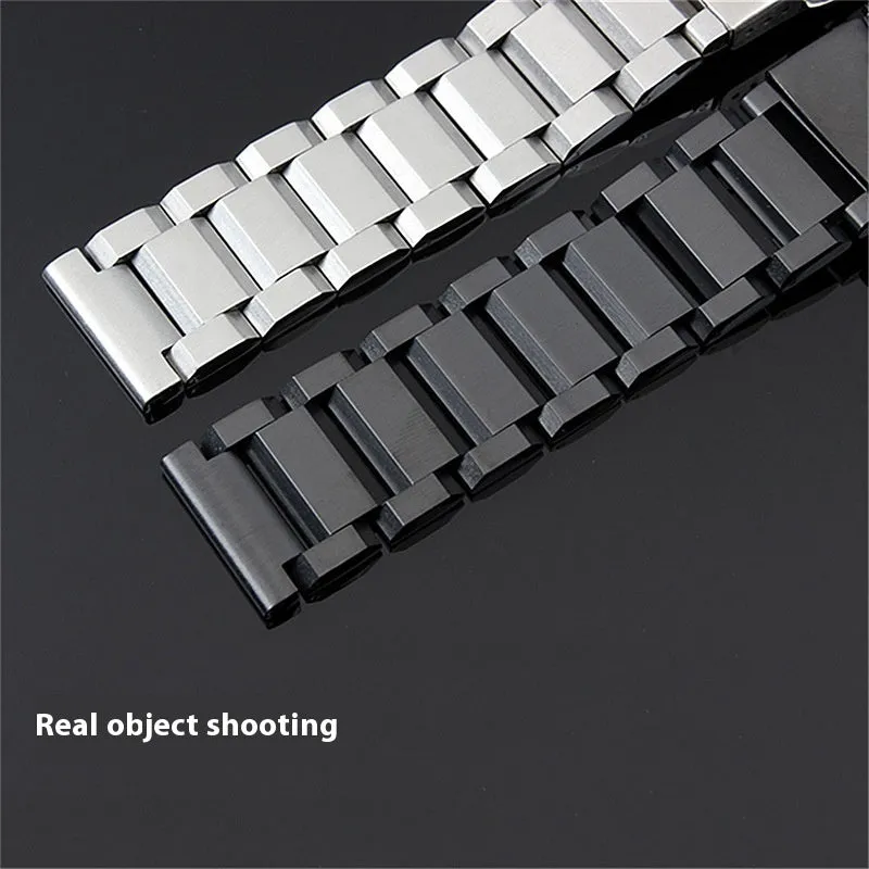 Solid stainless steel watch strap with double-security buckle and quick release pins in silver finish on black background
