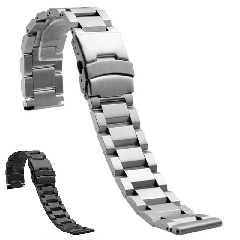 Solid stainless steel watch strap with double-security buckle and quick release pins in silver finish on black background
