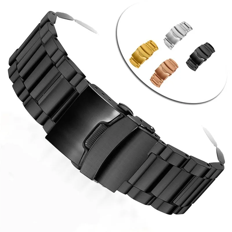 Solid stainless steel watch strap with double-security buckle and quick release pins in silver finish on black background