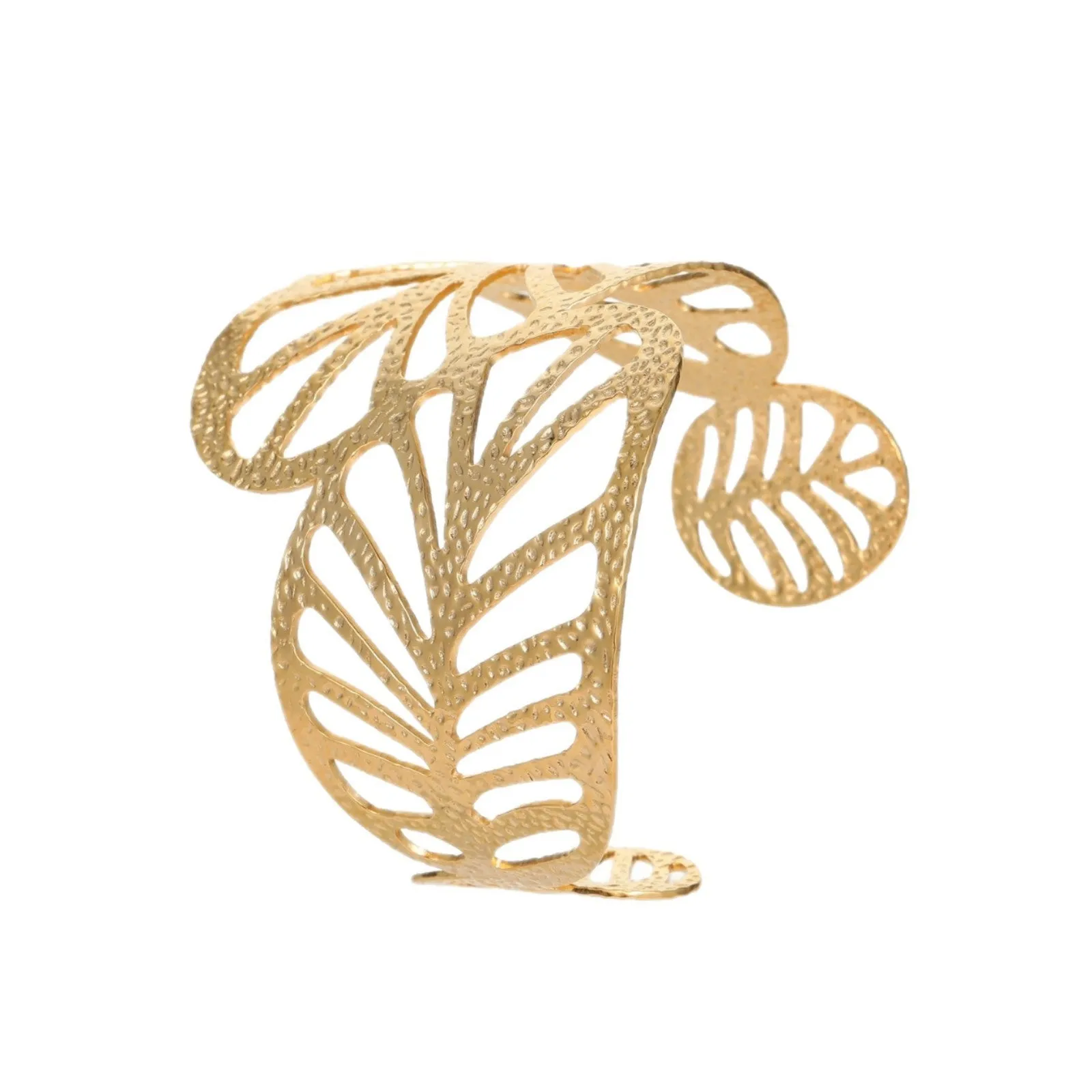 Gold stainless steel wristband with geometric leaf bow design on white background