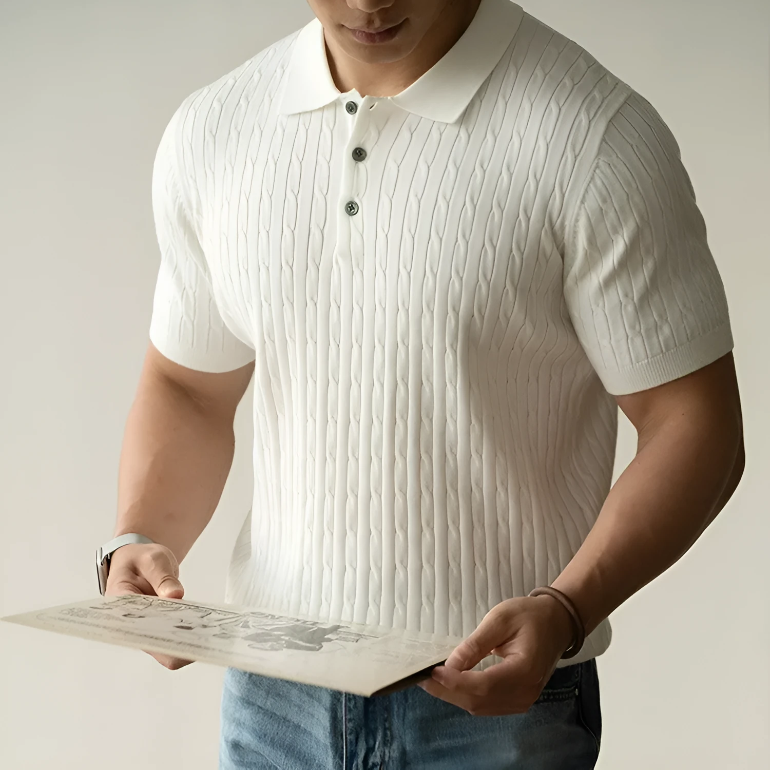 Man's short-sleeve business top in khaki, black, or white, featuring a mixed fabric blend for office wear.