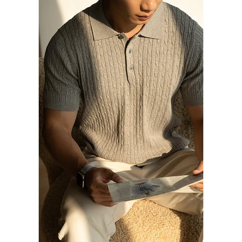 Man's short-sleeve business top in khaki, black, or white, featuring a mixed fabric blend for office wear.