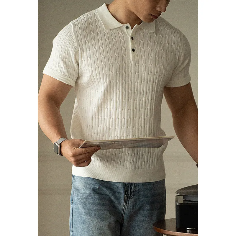 Man's short-sleeve business top in khaki, black, or white, featuring a mixed fabric blend for office wear.