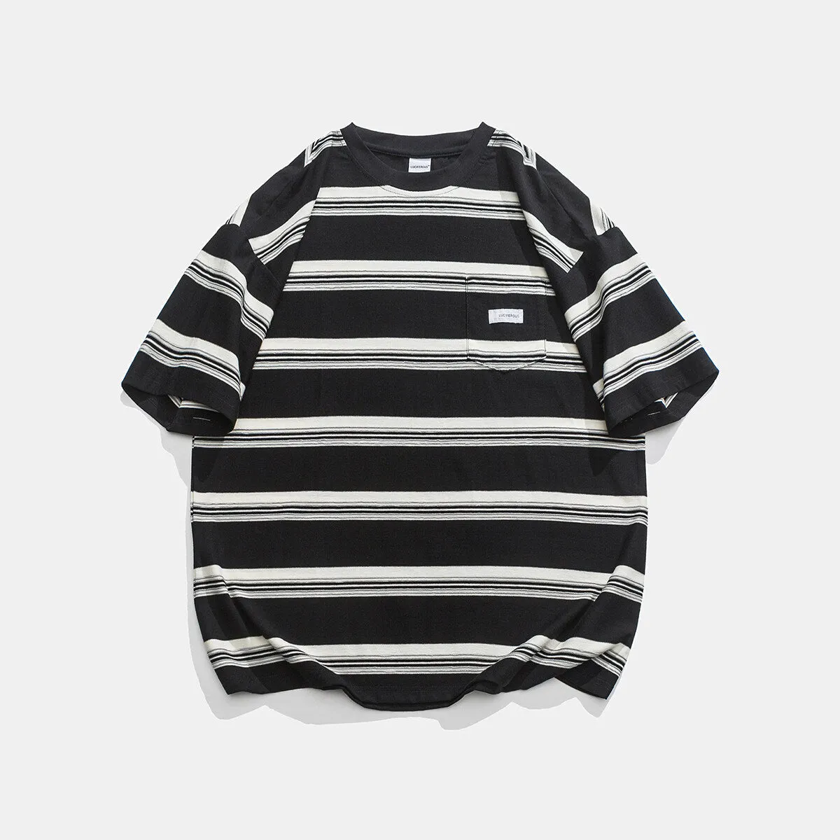 Casual loose striped cotton short sleeve round neck T-shirt with front pocket in black and green, sizes M-XXL