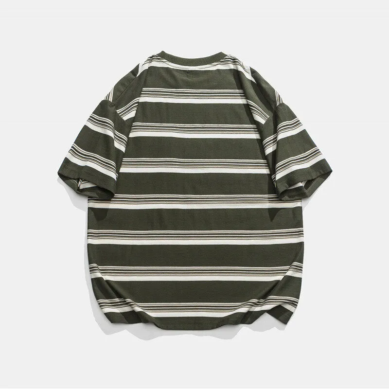 Casual loose striped cotton short sleeve round neck T-shirt with front pocket in black and green, sizes M-XXL