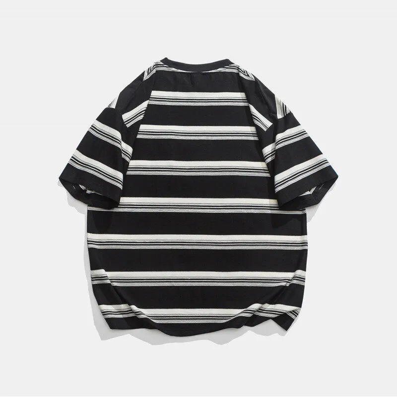 Casual loose striped cotton short sleeve round neck T-shirt with front pocket in black and green, sizes M-XXL