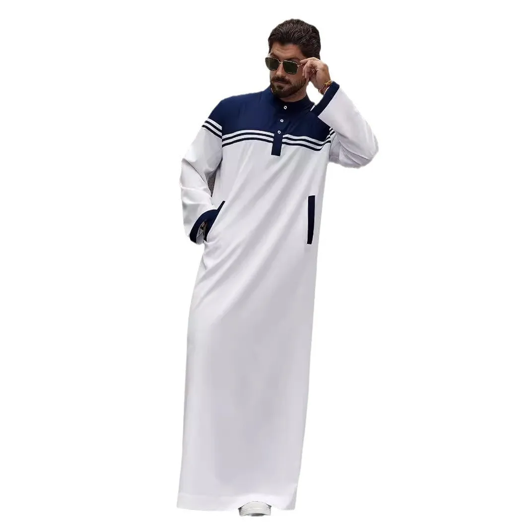 Men's blue colour contrast patchwork shirt robe made from lightweight polyester fabric for summer casual wear