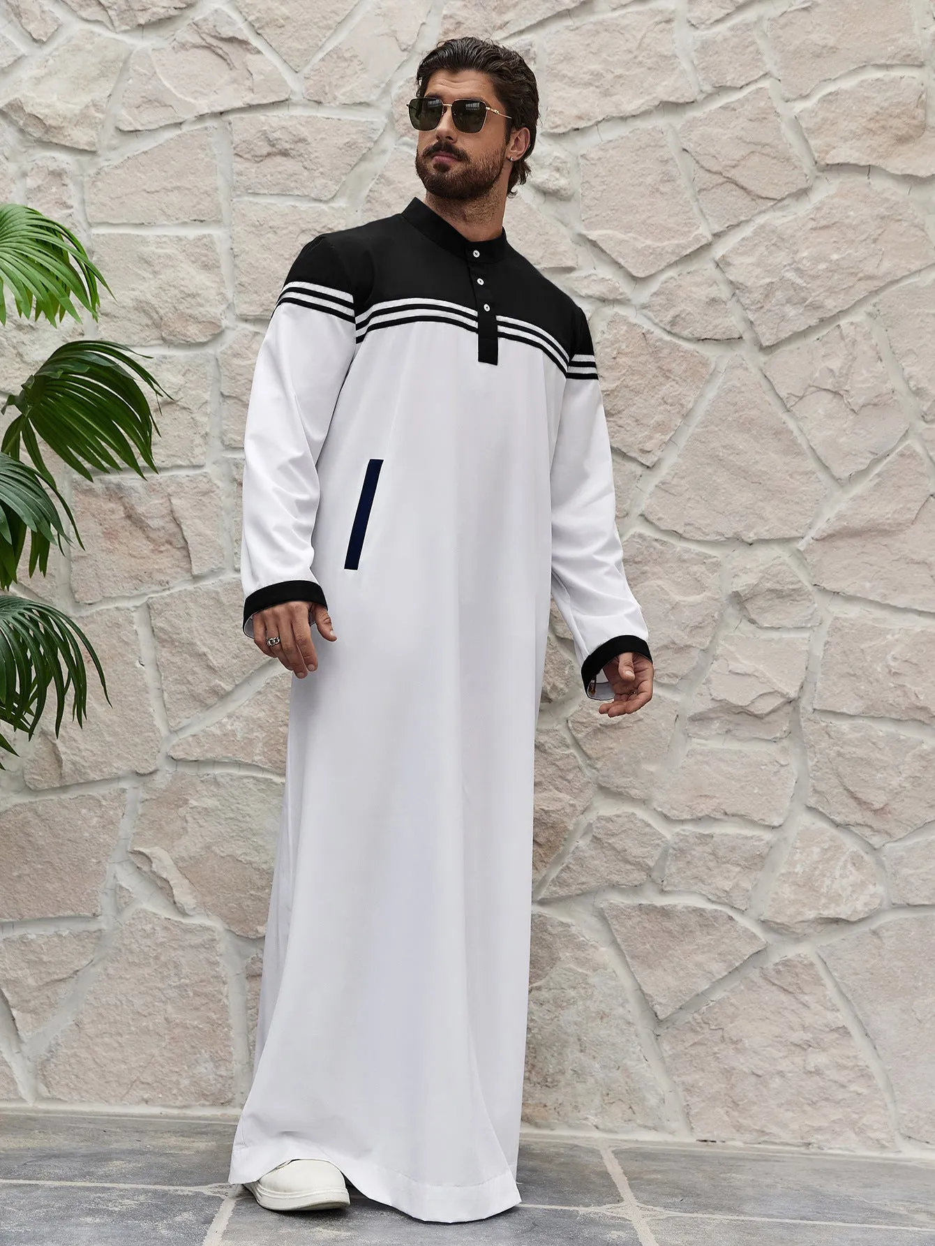 Men's blue colour contrast patchwork shirt robe made from lightweight polyester fabric for summer casual wear